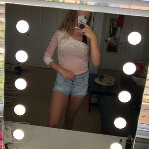 One Arm Off The Shoulder Pink Velvet Crop Top